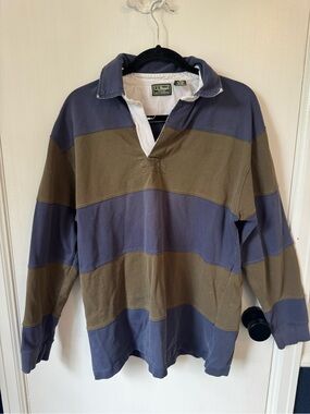 Vintage L.L. Bean Olive and Navy Striped Rugby Shirt Jacket